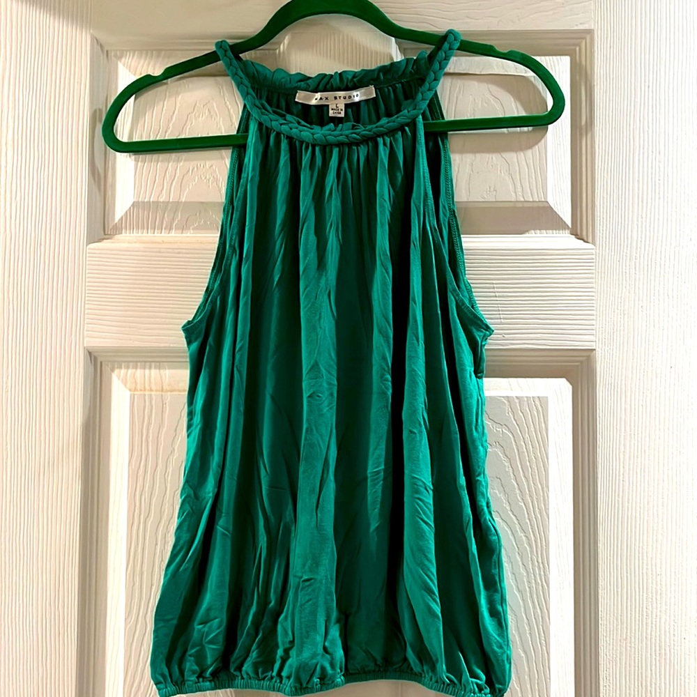 Max Studio size L green halter neck tank top w/ braid detail.